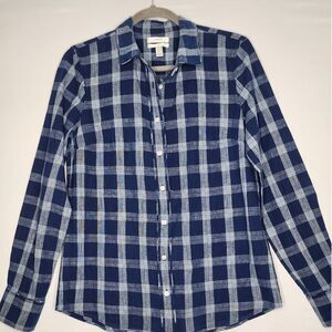 J Crew Womans Indigo Blue Plaid Button Up Career Boy Shirt Long Sleeve Size 8‎
